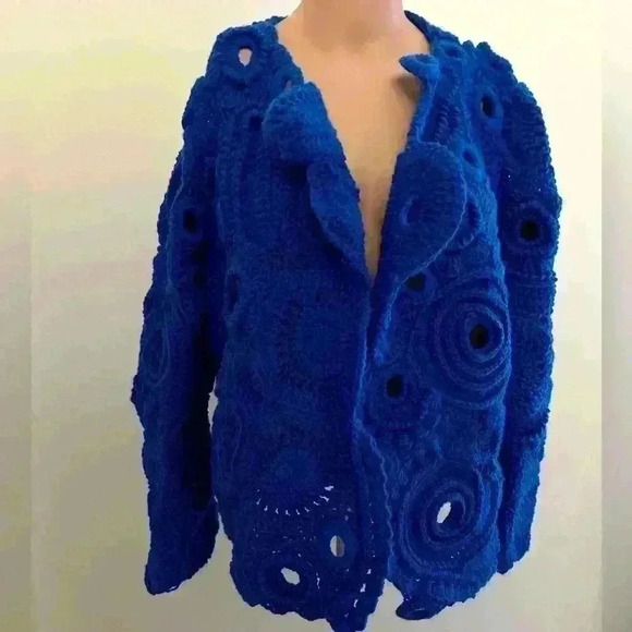 Lace Crochet Jacket Unique Handmade Blue Floral Cardigan Open Front Size XL - Picture 1 of 5